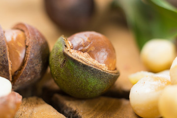Obraz na płótnie Canvas Macadamia nuts with shell - tasty expensive fat nuts