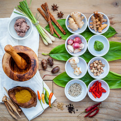 Various of thai food cooking ingredients for spice red curry pas