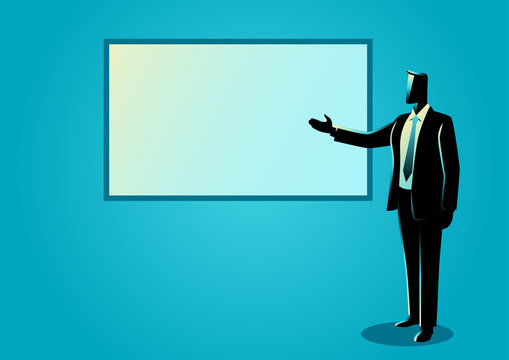 Businessman giving a presentation on white board