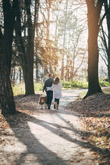 Fototapeta premium Young couple enjoying nature outdoors together with their adorable Saint Bernard puppy. People and dogs theme.