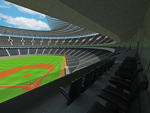3D render of baseball stadium with black seats and VIP boxes