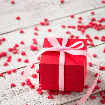 Valentines day background. red gift box.