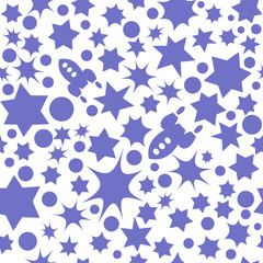 Vector seamless space pattern with star, dots and rockets. Retro print background. Chaotic elements, Effect of sky. Abstract texture. Effect of sky. Design template wallpaper, wrapping, fabric