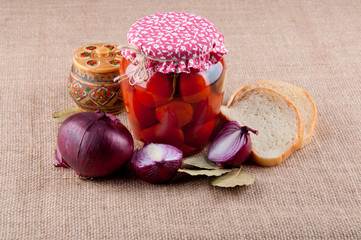 Food, spoon, box for salt on sackcloth