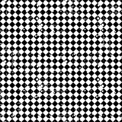 Seamless vector pattern. Black and white geometric checkered background with rhombus. Grunge texture with attrition, cracks and ambrosia. Old style vintage design. Graphic illustration.