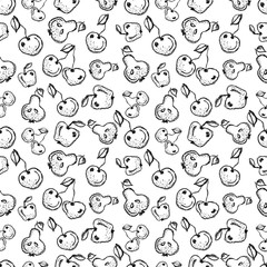 Seamless vector pattern. Hand drawn black and white fruits illustration of cherry, apple, pear on the white background. Line drawing,