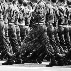 soldiers marching training in the army (black and white photo)