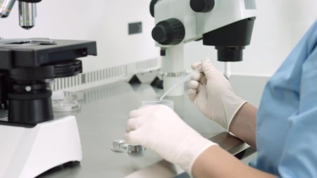 Scientist check sample in laboratory, Embryologist drop sperm specimen with disposable wholesale pipette in counting chamber and look on it through microscope.