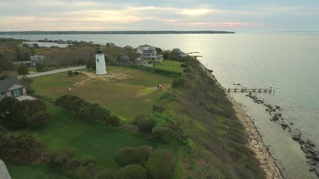 Aerial view over the island coastline of Martha's Vineyard in Massachusetts at sunset.