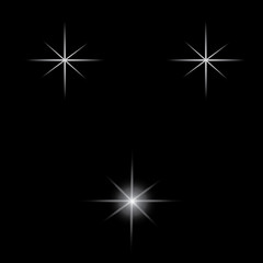 Set of glowing light effects with transparency, isolated on black background vector. Glare, rays, stars.