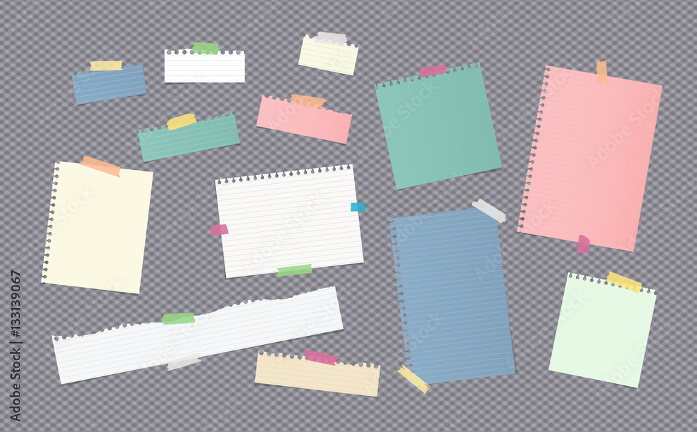 Poster pieces of different size colorful note, notebook, copybook paper sheets stuck with sticky tape on gr