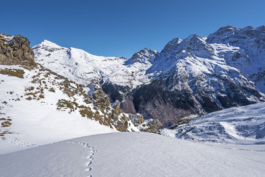 Winter picture of Cirque de Gavarnie seen from Pahule Pic