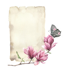 Watercolor spring card with magnolia and butterfly. Hand painted paper texture with insect and floral design isolated on white background. Illustration for design, print.