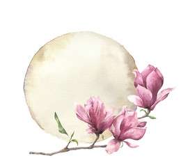Watercolor card with magnolia and old paper. Hand painted paper texture with floral design isolated on white background. Illustration for design, print. © yuliya_derbisheva