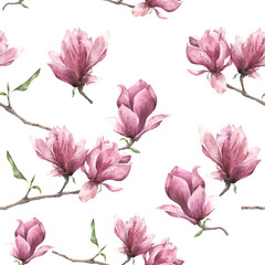 Watercolor seamless pattern with magnolia. Hand painted floral ornament isolated on white background. Pink flower for design, print or fabric.
