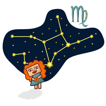 Cartoon Zodiac signs. Vector illustration of the Virgo with a rectangular faces. A schematic arrangement of stars in the constellation Virgo