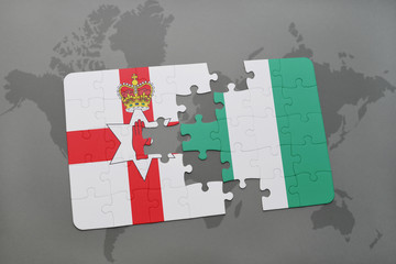 puzzle with the national flag of northern ireland and nigeria on a world map