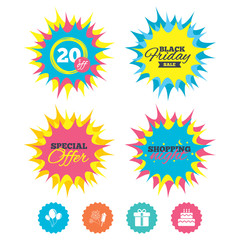 Birthday party icons. Cake and gift box symbol.