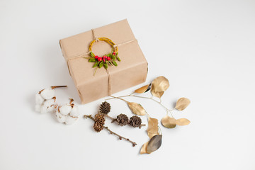 Obraz na płótnie Canvas Gift box cotton Christmas composition close-up, background