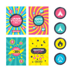 Naklejka premium Tourist camping tent signs. Fire flame icons.