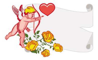 Paper scroll with Cupid, roses and hearts. Vector clip art.