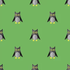 Fotobehang Cartoon Owl Seamless Pattern on Green Background © valeo5