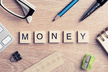 Business and marketing conceptual word spelled with game wooden elements