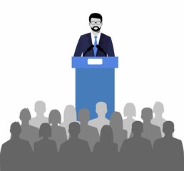 orator speaking from the tribune. public speaker and a crowd on chairs. vector illustration in the flat style