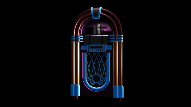 3D spinning retro neon jukebox rotating with alpha channel