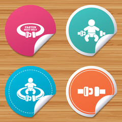Fasten seat belt signs. Child safety in accident.