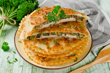 Meat with mushrooms and herbs baked in pastry