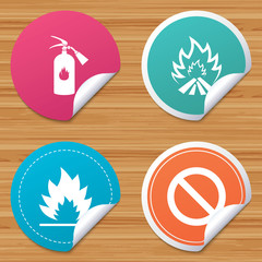 Fire flame icons. Prohibition stop symbol.