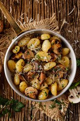 Gnocchi with brown mushrooms, top view