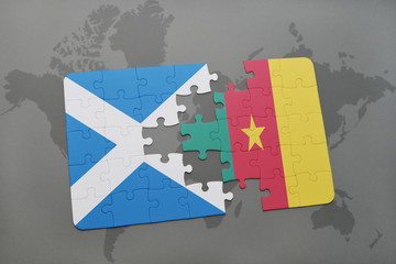 puzzle with the national flag of scotland and cameroon on a world map