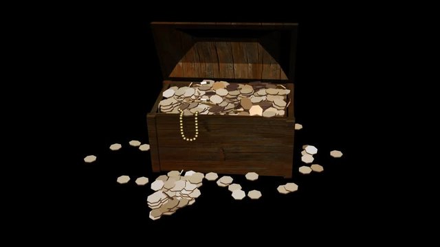 3D Pirate treasure chest spinning with gold coins and jewels with alpha channel