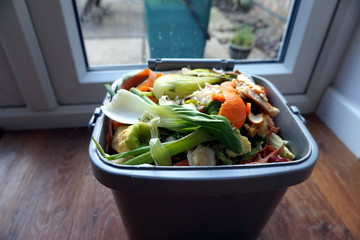 Indoor container of domestic food waste, ready to be tipped into - obrazy, fototapety, plakaty
