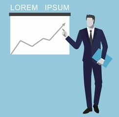 Money, success in business, concept is something. Financial charts theme elements. An vector illustration of a faceless male pointing at a graph