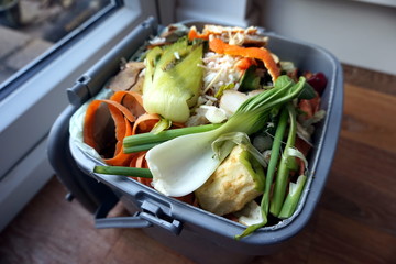 Indoor container of domestic food waste, ready to be tipped into