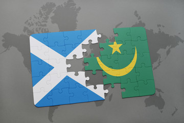 puzzle with the national flag of scotland and mauritania on a world map