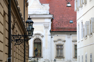 Historic architecture and retro street lamps in Upper Town, Zagreb, Croatia. 