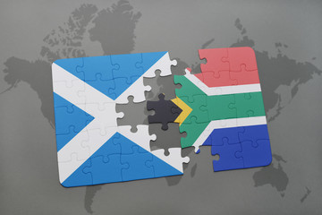 puzzle with the national flag of scotland and south africa on a world map