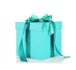 Gift box with ribbon bow on white background