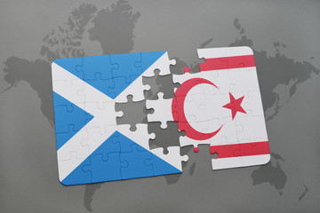 puzzle with the national flag of scotland and northern cyprus on a world map
