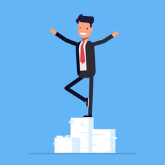 Businessman or manager performs trick on a big pile of documents. Vector, illustration EPS10.