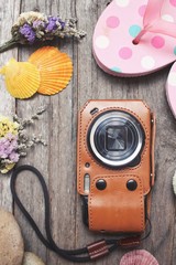 Travel accessories of summer at beach