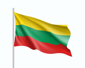 Waving flag of Lithuania state. Illustration of European country flag on flagpole. Vector 3d icon isolated on white background