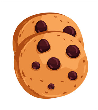 Chocolate chip cookie isolated on white background cartoon vector illustration. Bakery product, fresh pastry food icon. Sweet dessert, tasty cookie logo, natural food, bakery shop design element.