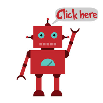 Vector illustration of a toy Robot and text Click here!