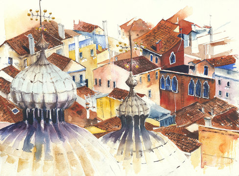 Roofs Florence dome architecture building Italy landmarks watercolor painting illustration 