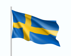 Waving flag of Sweden state. Illustration of European country flag on flagpole. Vector 3d icon isolated on white background